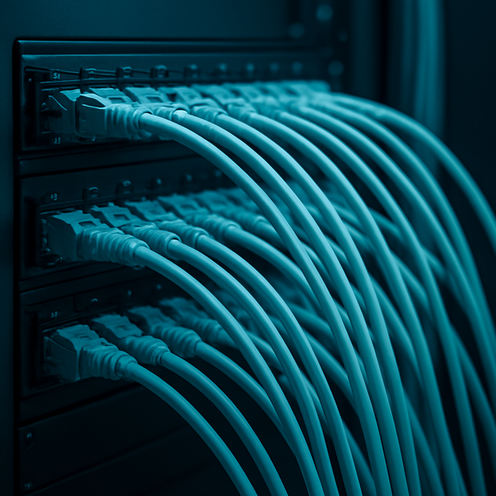 Close-up of organized fiber optic network cabling in a data center