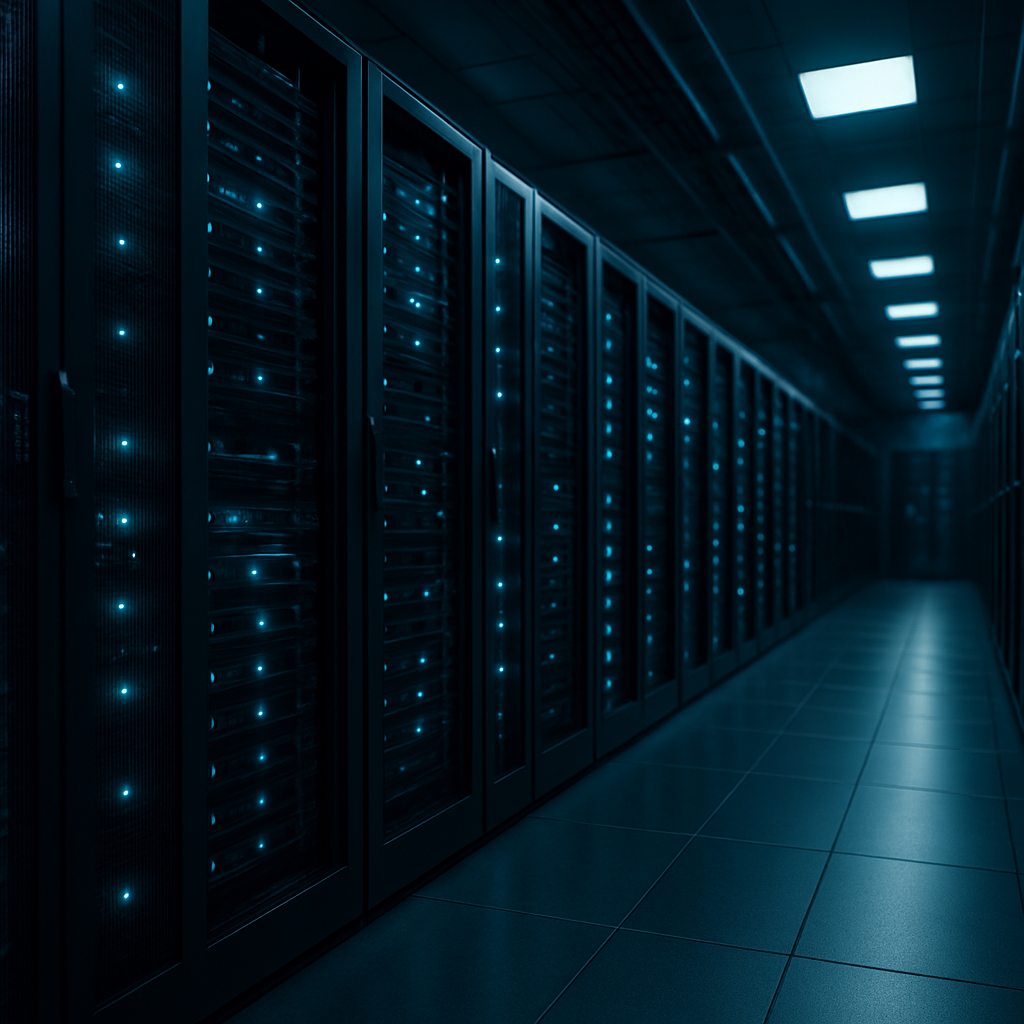 Modern server room with glowing network equipment representing reliable web hosting infrastructure